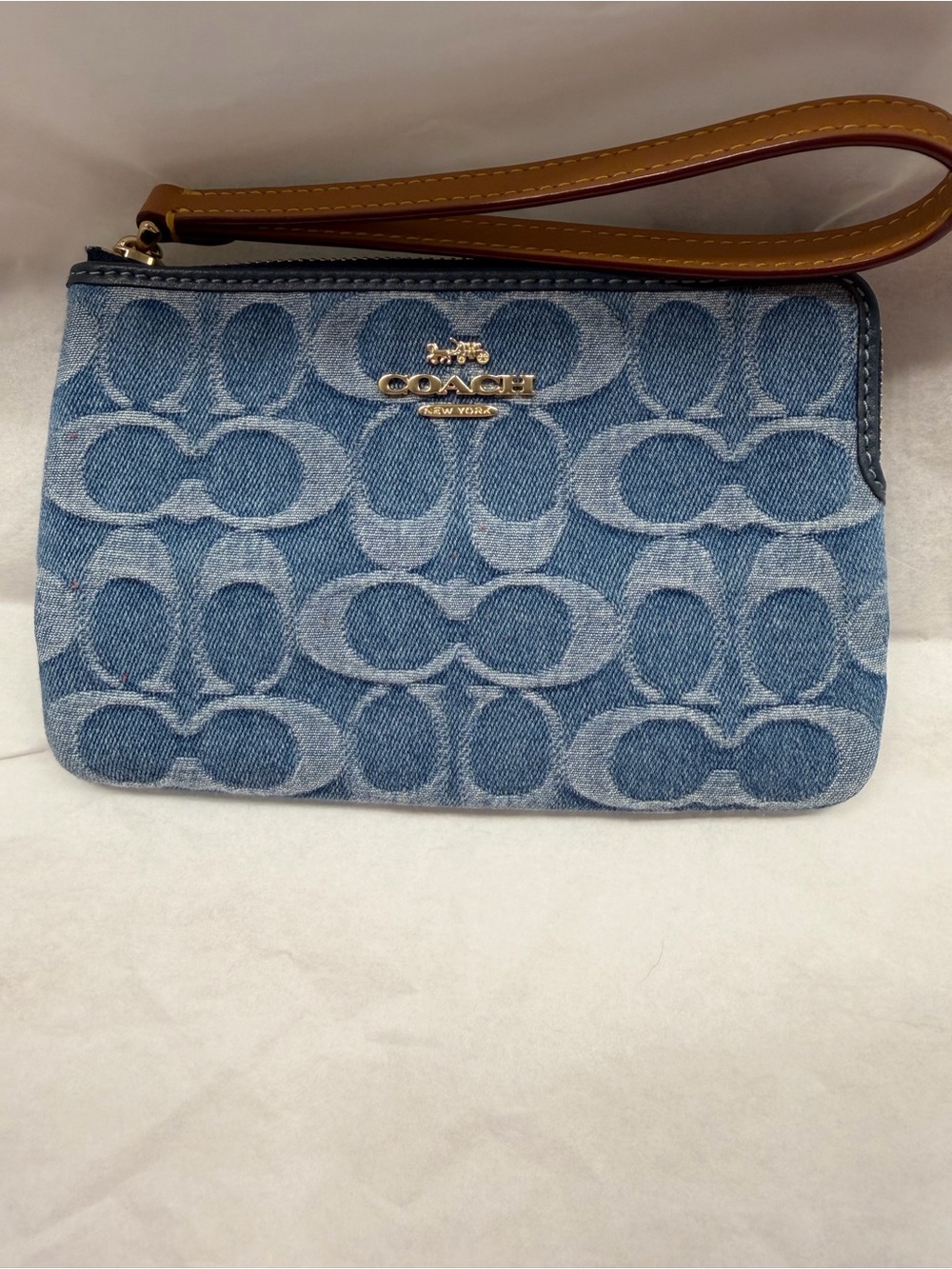 Coach Denim Signature Wristlet in Blue with Tan Strap